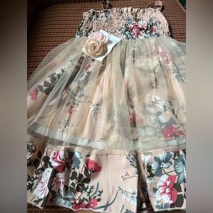 New Girls Champagne & Pink Floral Smocked Chiffon Dress & Hair Bow Set Size 4/5